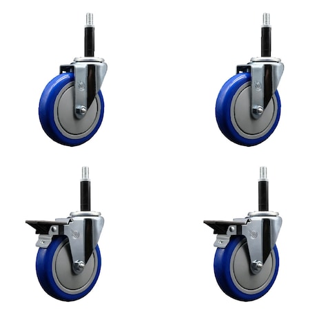 Service Caster 5'' Blue Poly Wheel Swivel 3/4'' Expanding Stem Caster Set 2 Brakes, 4PK SCC-EX20S514-PPUB-BLUE-2-PLB-2-34